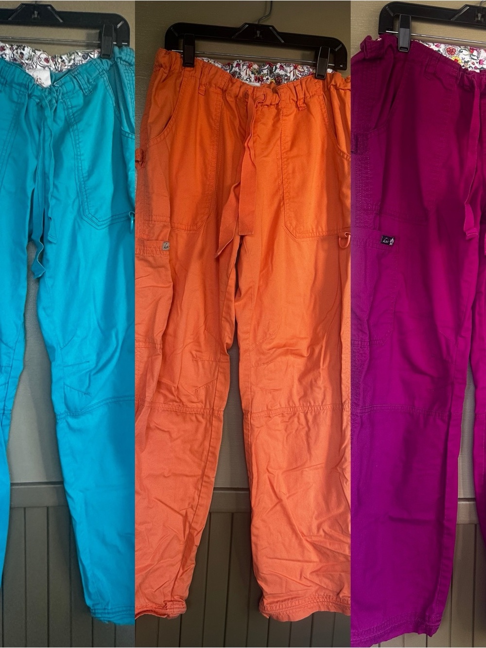 koi Cargo Scrub Pants Trio in Teal, Orange & Magenta
